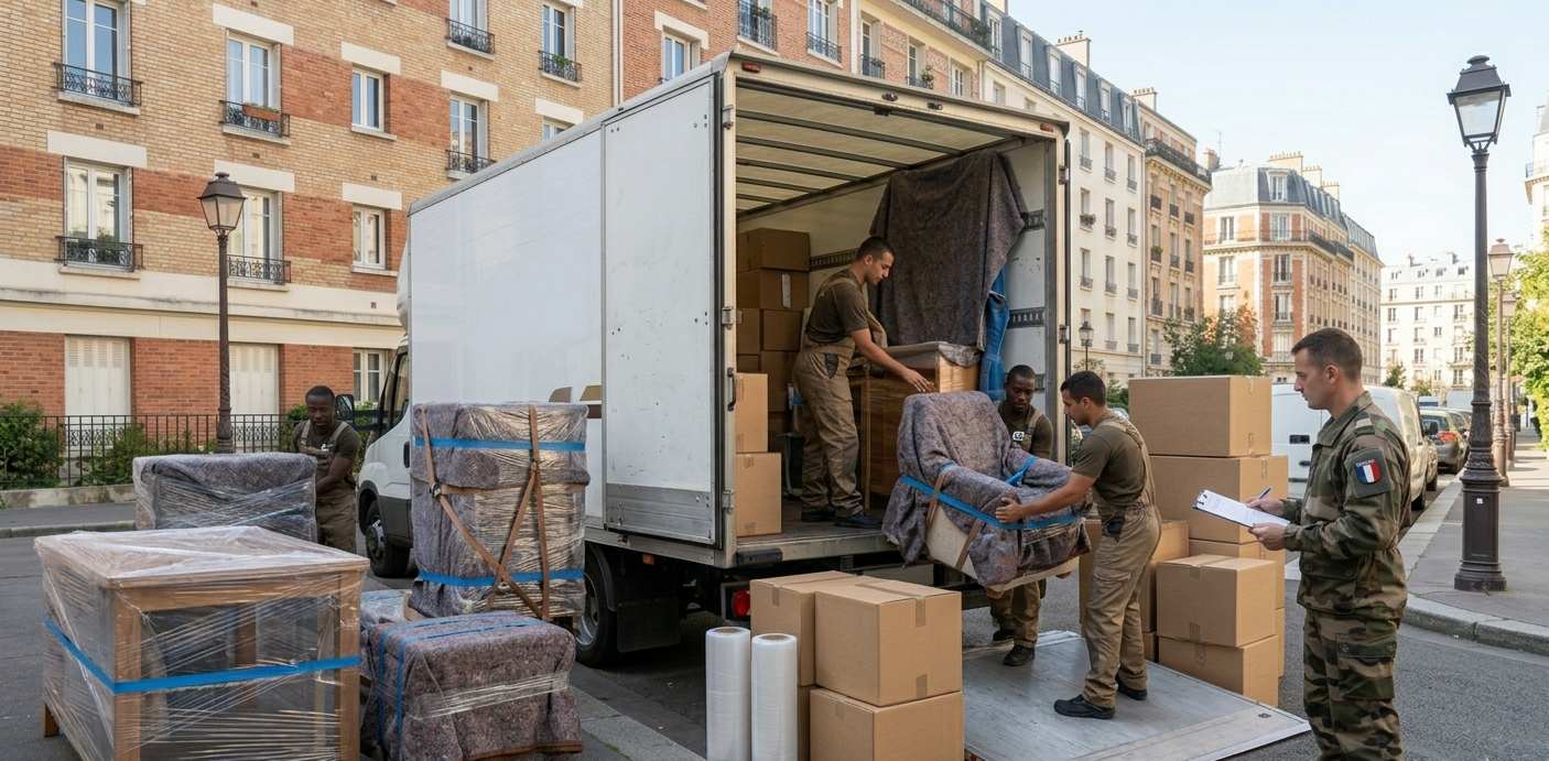 Chargement de mobilier protégé pour un déménagement militaire en Île-de-France