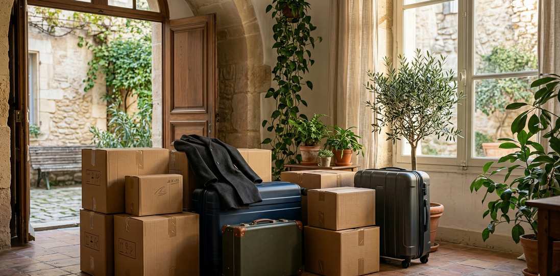 Valises et cartons préparés pour une mutation militaire entre l’Île-de-France et la Guadeloupe