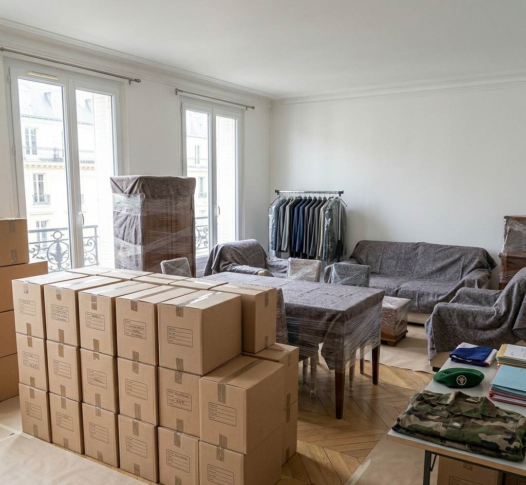 Mobilier protégé dans un appartement avant un départ de mutation militaire en Île-de-France