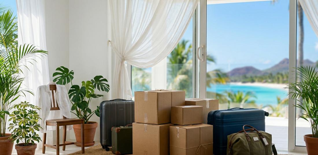 Bagages et cartons préparés pour une mutation militaire entre l’Île-de-France et La Réunion