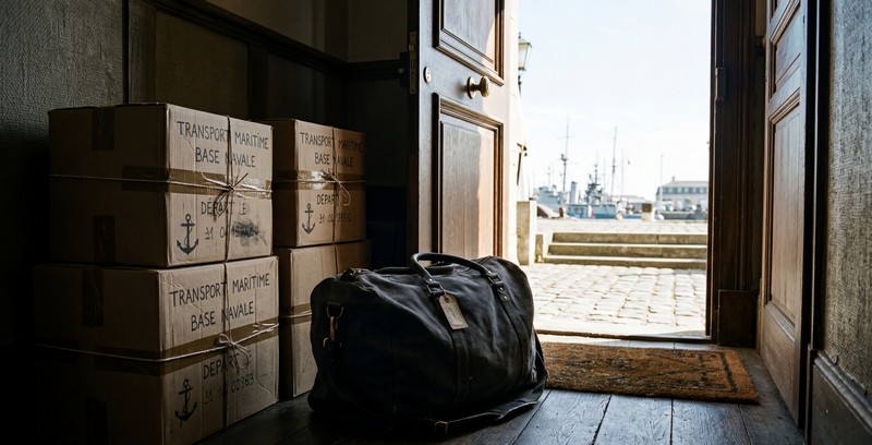 Sac marin et cartons préparés pour une mutation militaire entre l’Île-de-France et Toulon